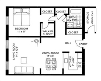 One bedroom floor plan at 10 Wilmington Place, Dayton, OH One bedroom floor plan at 10 Wilmington Place, Dayton, OH